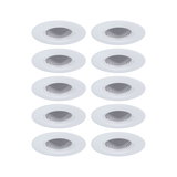 Ten white plastic recessed spotlights with adjustable inserts for flexible LED lighting solutions.