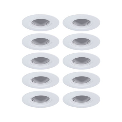 Tien witte inbouwspots van kunststof met verstelbare inzetstukken voor flexibele LED-verlichting.