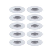 Ten white plastic recessed spotlights with adjustable inserts for flexible LED lighting solutions.