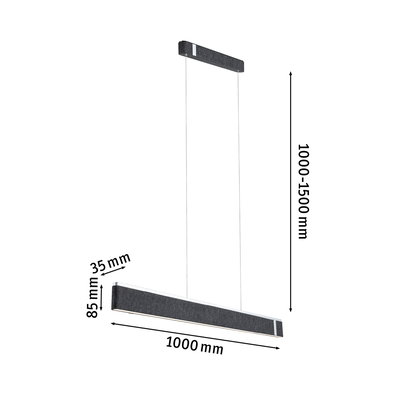 Moderne zwarte stoffen LED-hanglamp van 1000 mm lang, in hoogte verstelbaar tot 1500 mm.