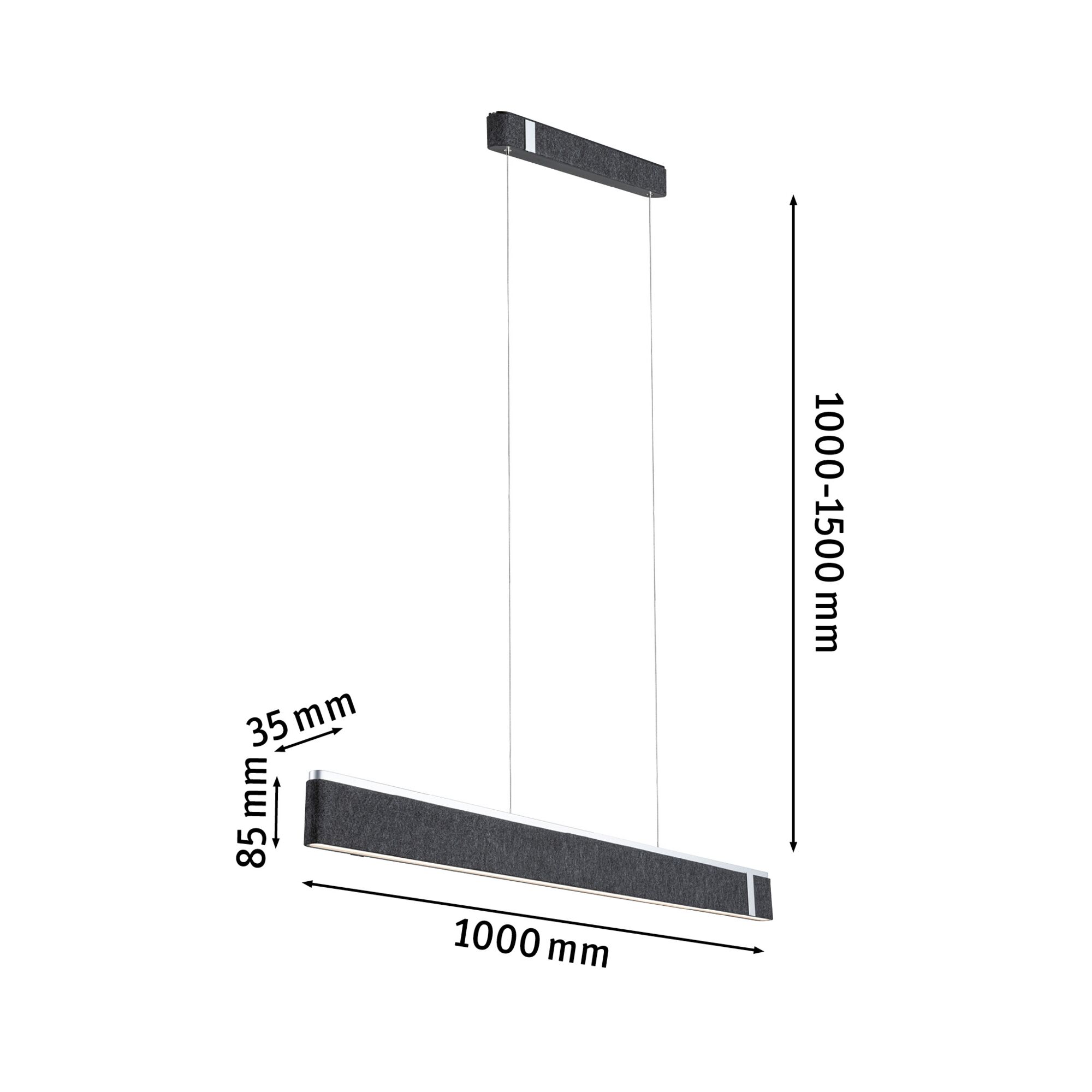 Moderne zwarte stoffen LED-hanglamp van 1000 mm lang, in hoogte verstelbaar tot 1500 mm.