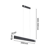 Moderne zwarte stoffen LED-hanglamp van 1000 mm lang, in hoogte verstelbaar tot 1500 mm.