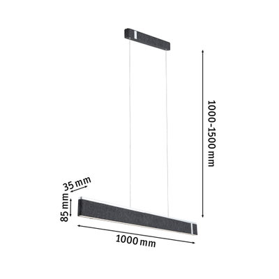 Moderne zwarte stoffen LED-hanglamp van 1000 mm lang, in hoogte verstelbaar tot 1500 mm.