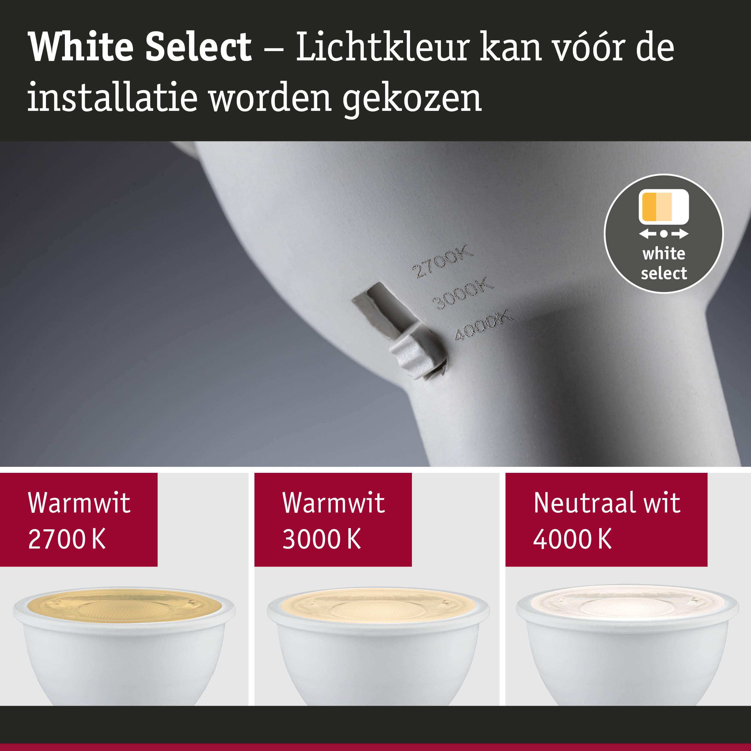 Witte LED-spot met instelbare lichtkleur van 2700K tot 4000K voor veelzijdige verlichting
