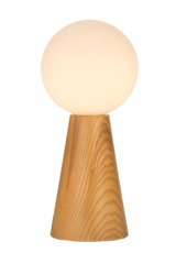 Modern table lamp with wooden base and white glass shade for ambient lighting in living spaces