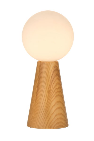 Modern table lamp with wooden base and white glass shade for ambient lighting in living spaces