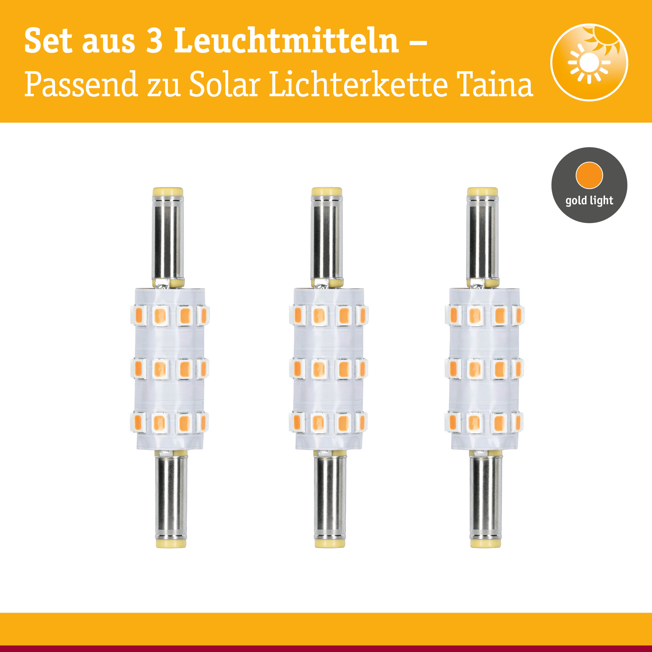 Set aus 3 LED-Leuchtmitteln mit goldfarbenem Licht passend zur Solar Lichterkette Taina