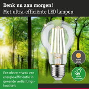 Transparante LED-lamp met warm wit licht en ultra-efficiënt energieverbruik tegen groene bosachtergrond
