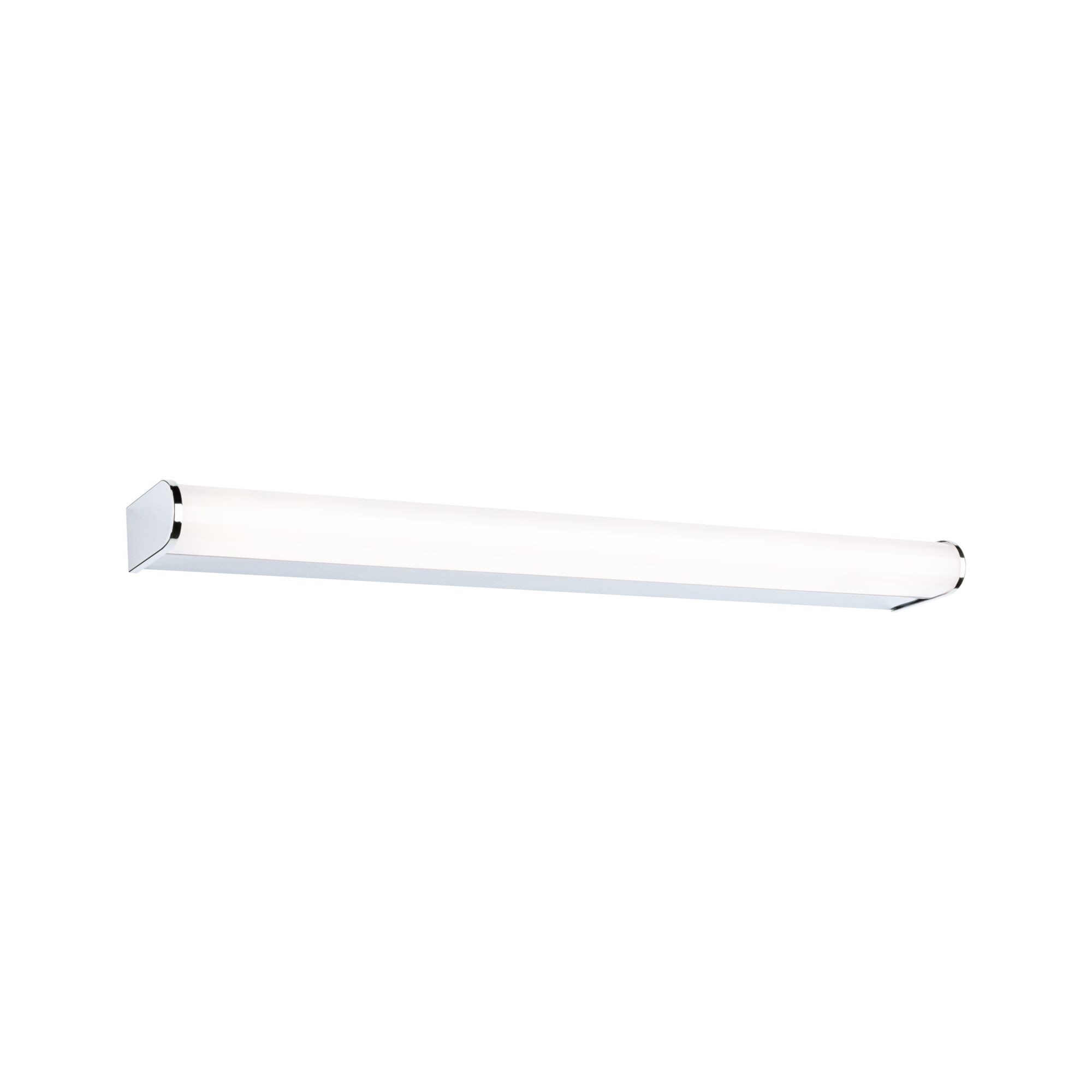 Slim white LED wall light with chrome accents, energy-efficient indoor lighting