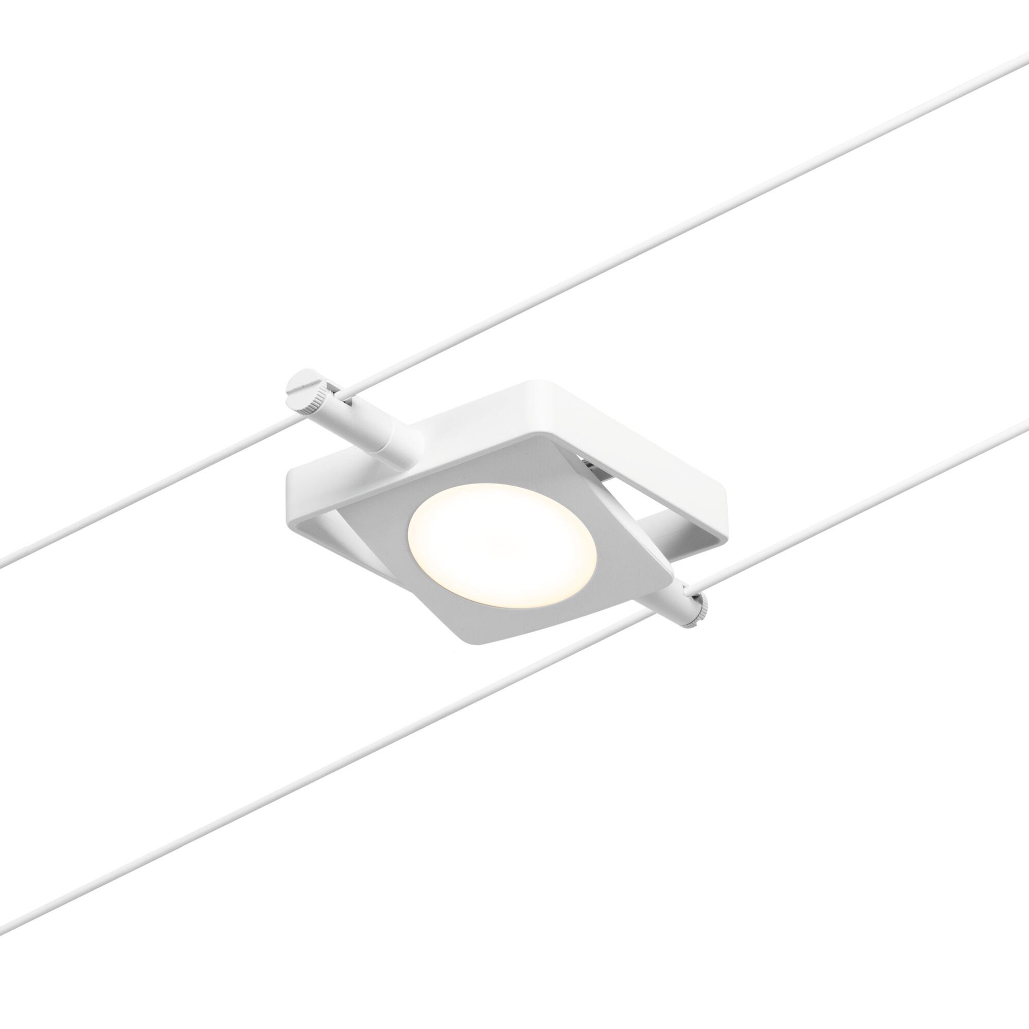 Weißer quadratischer LED-Spot aus Metall an Schienensystem für moderne Innenbeleuchtung