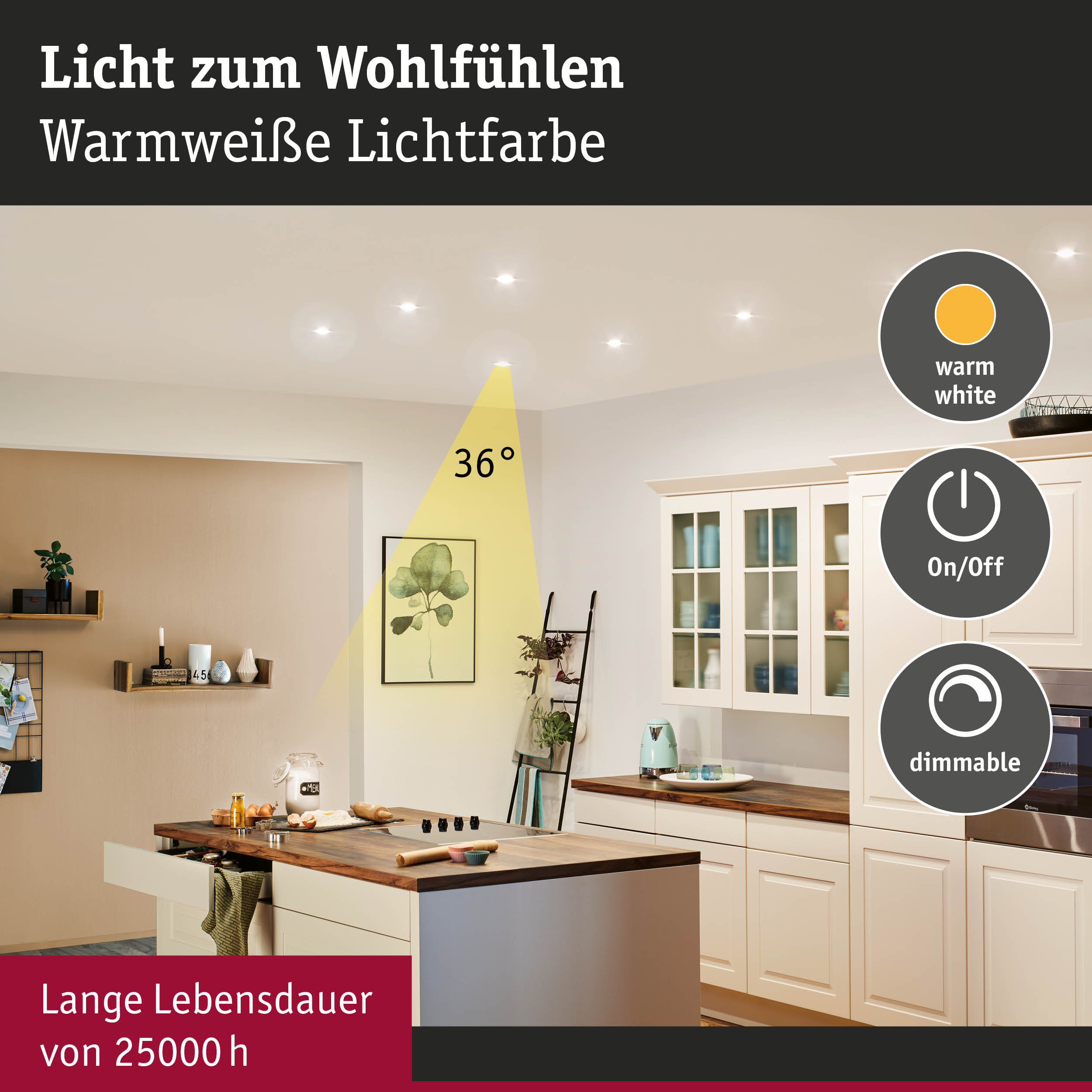Moderne Küche mit warmweißen LED-Einbaustrahlern, dimmbar und langlebig mit 25000 Stunden.