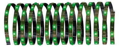 Flexible LED strip with green LEDs on black circuit board for decorative lighting solutions.