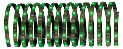 Bande LED flexible avec diodes vertes sur circuit noir pour éclairage décoratif.
