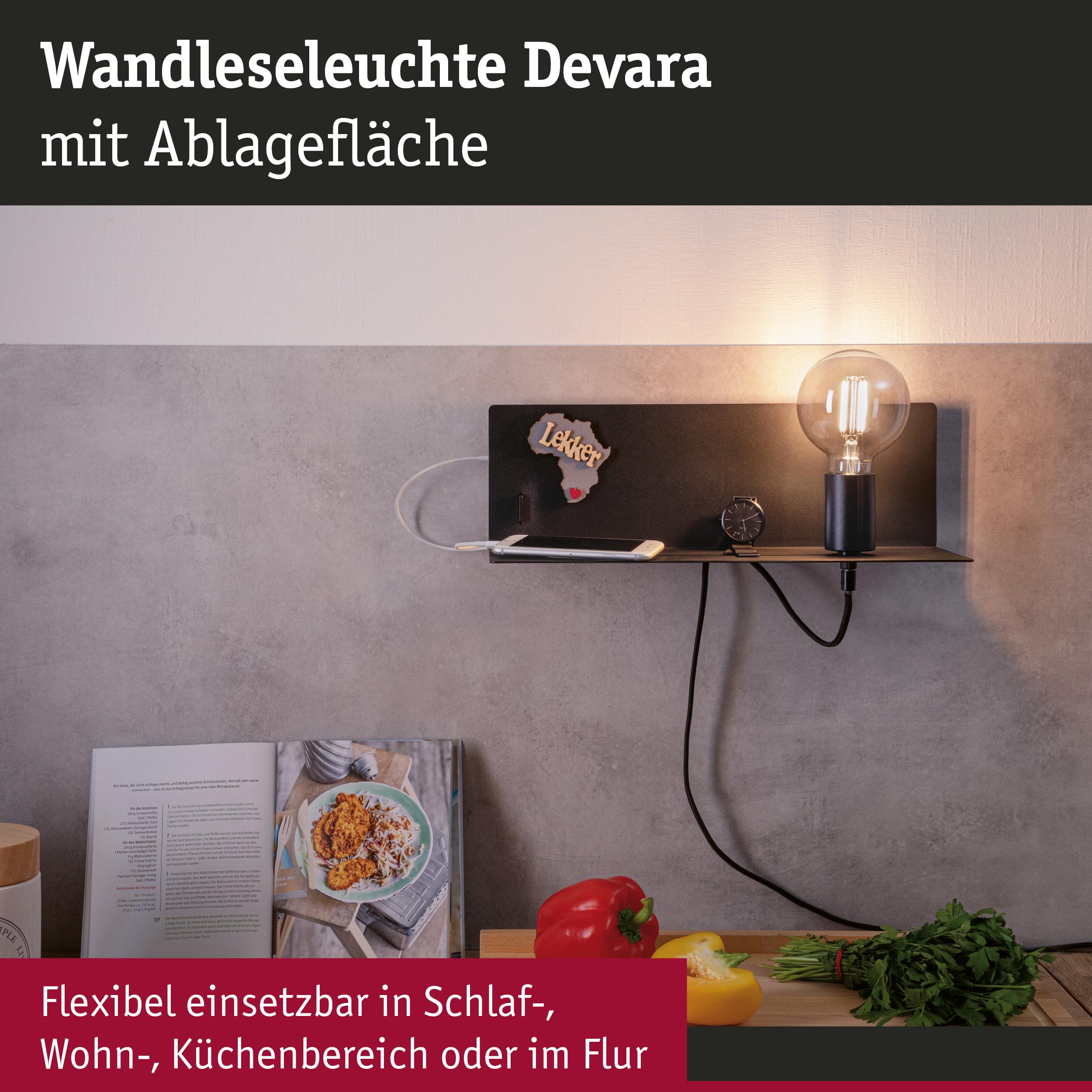 Schwarze Wandlampe Devara mit Ablagefläche, Glühbirne und Smartphone, flexibel für Wohn- und Küchenbereich