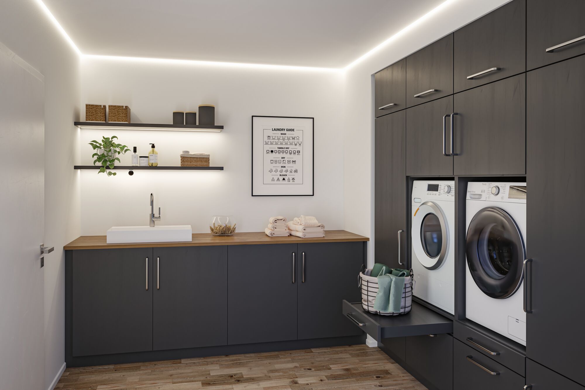 Modern laundry room with LED ceiling and shelf lighting, grey cabinets and wooden countertop