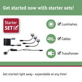 Starter set including luminaires, cables, and transformer for expandable LED lighting solutions