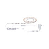 Witte LED-lichtstrip met adapter en bediening voor flexibele verlichting en accenten.