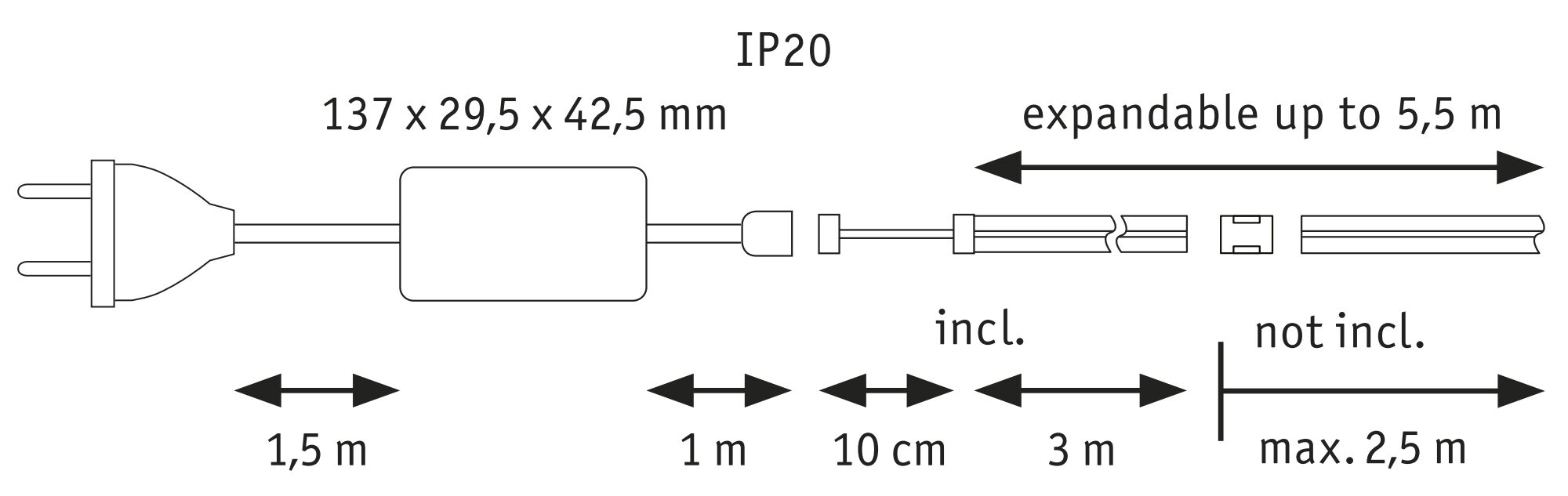 Technische tekening van stekker met kabel en aansluiting, afmetingen 137x29,5x42,5 mm, IP20, uitbreidbaar tot 5,5 m