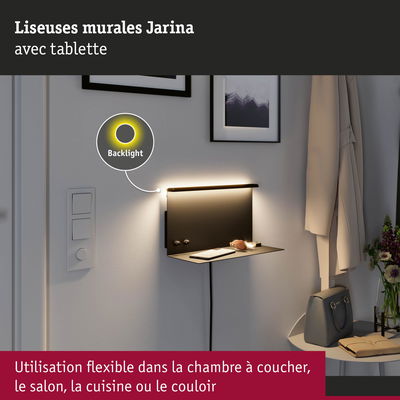 Liseuse murale Jarina noire avec tablette et rétroéclairage blanc chaud pour usage flexible en couloir ou chambre