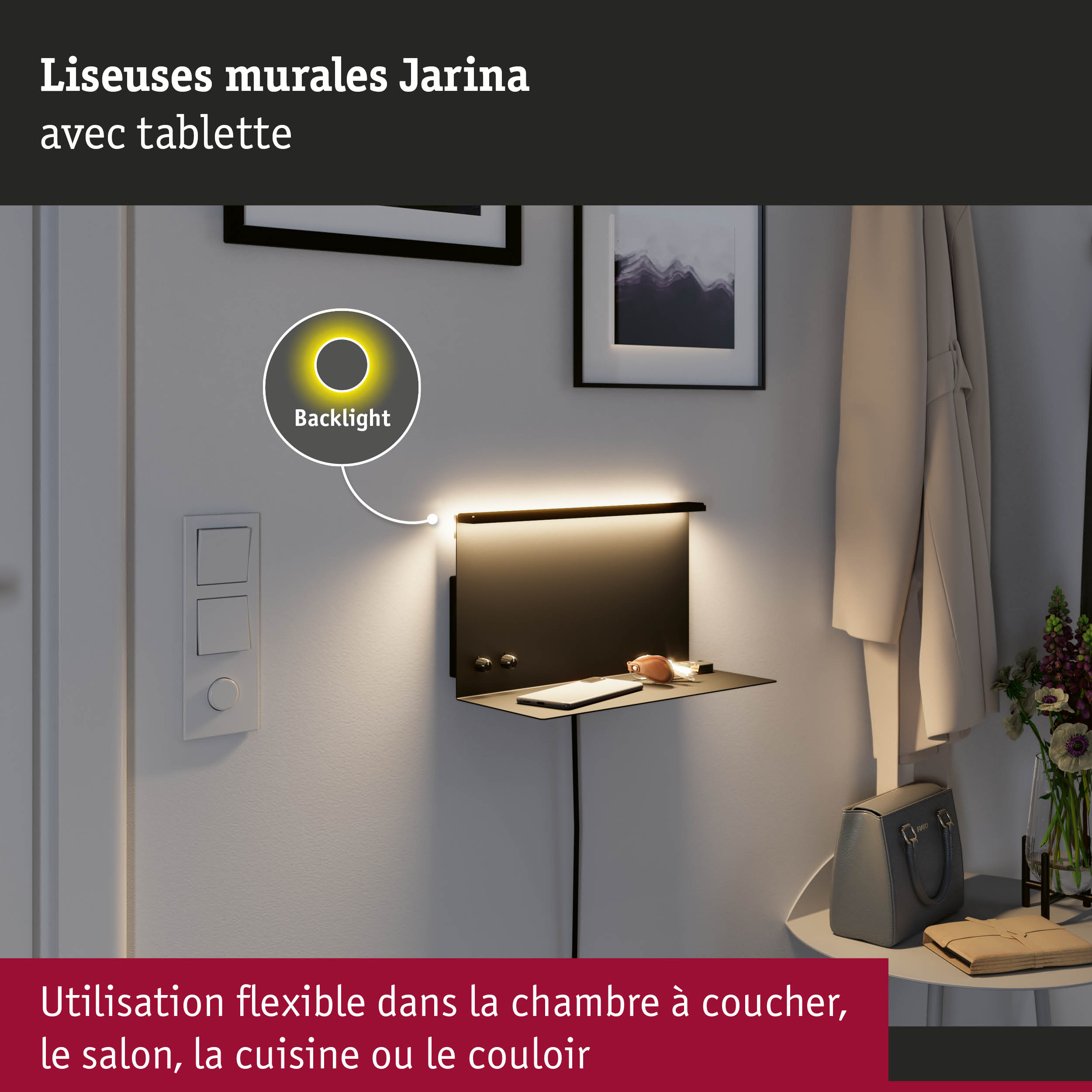 Applique murale Jarina noire avec tablette et rétroéclairage LED chaud pour couloir et chambre