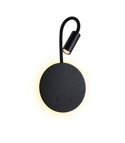 Black LED wall light with flexible reading arm and warm white light for modern interiors