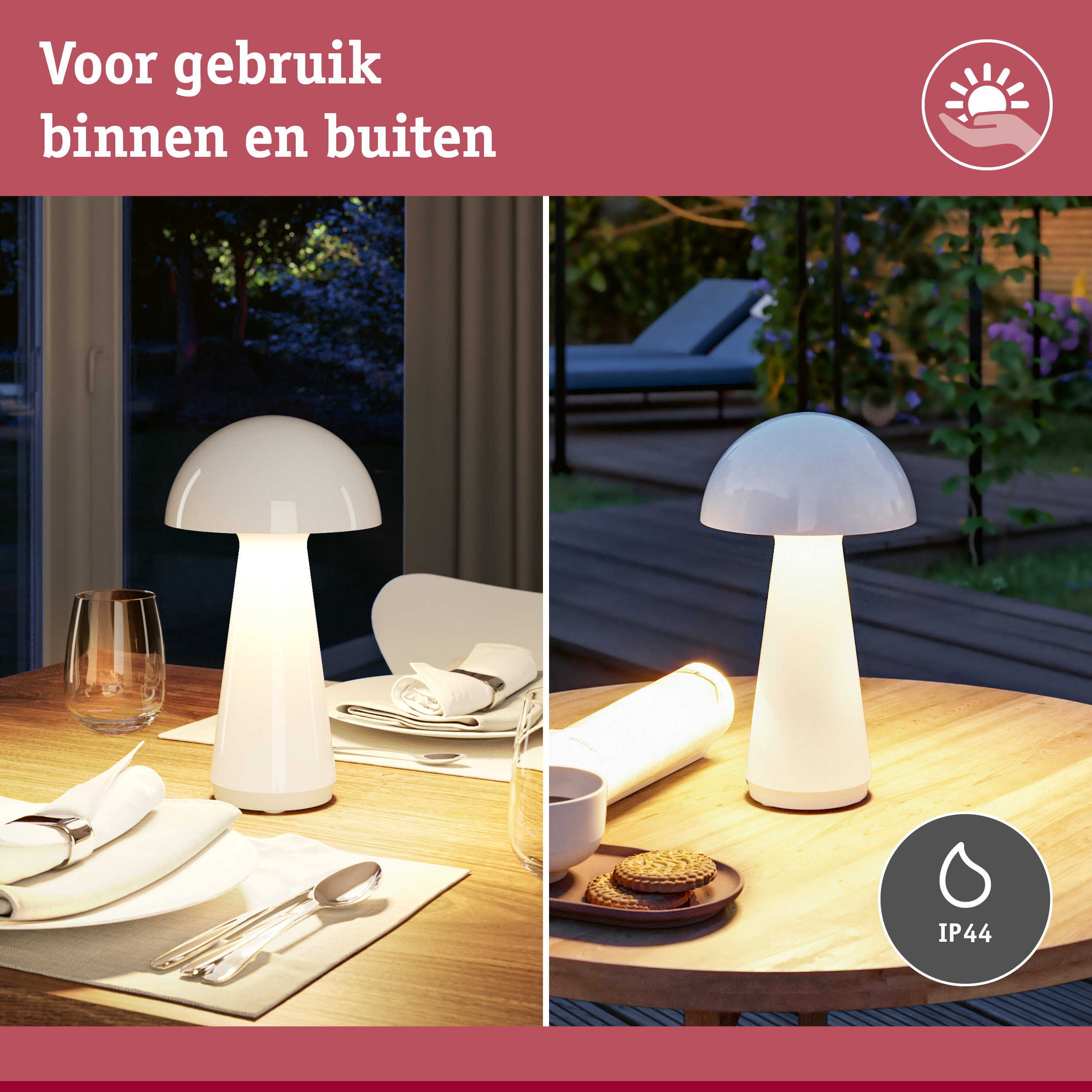 Witte tafellamp met IP44 bescherming voor binnen- en buitengebruik op houten tafel met servies.