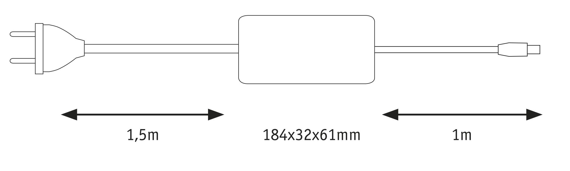 Teknisk tegning af strømforsyning med 1,5m kabel, 184x32x61mm kabinet og 1m tilslutningskabel.
