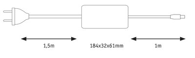 Teknisk tegning af strømforsyning med 1,5m kabel, 184x32x61mm kabinet og 1m tilslutningskabel.