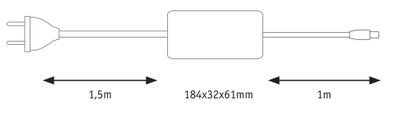Technische Zeichnung eines Netzteils mit 1,5m Kabel, 184x32x61mm Gehäuse und 1m Anschlusskabel.