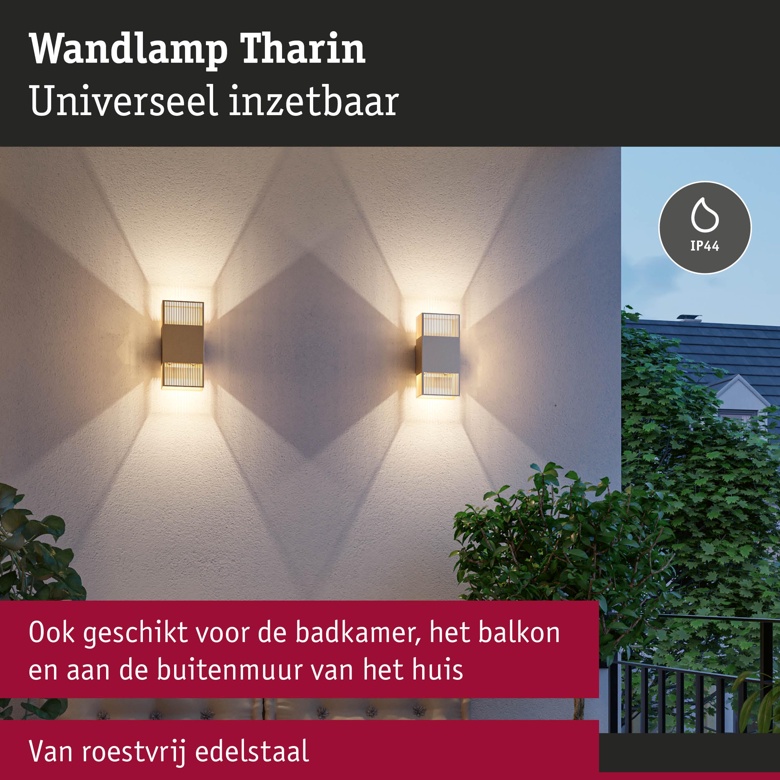 Wandlamp Tharin van roestvrij staal wit met IP44, geschikt voor badkamer en balkon