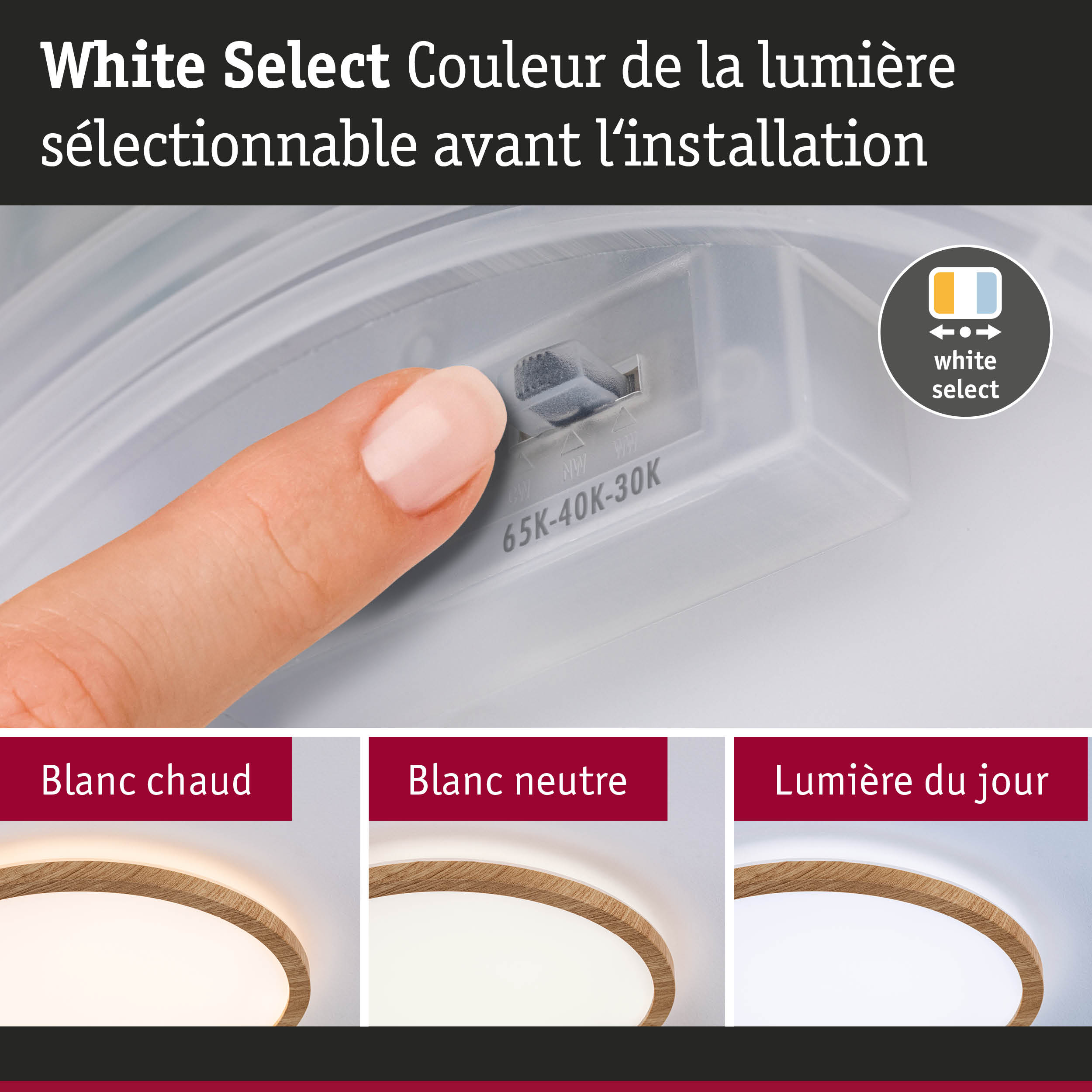 Doigt réglant la couleur de la lumière sur un interrupteur blanc, plafonnier LED dimmable avec cadre en bois