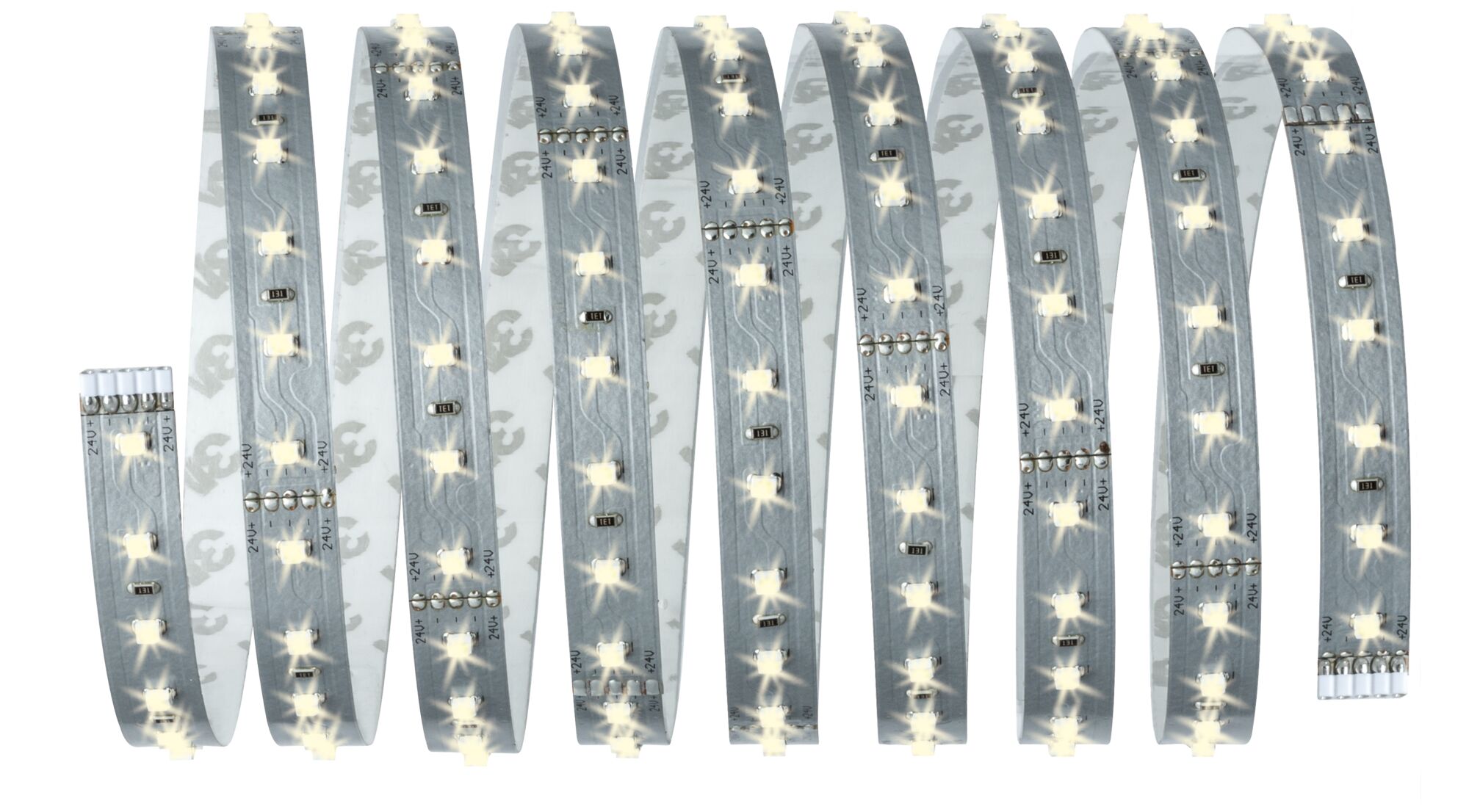 Flexible LED strip with warm white LEDs on silver circuit board for decorative lighting