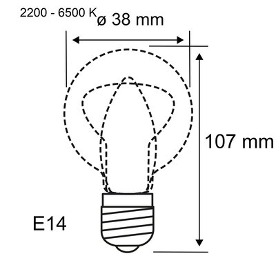 Technical drawing of an E14 LED bulb with 38 mm diameter and 107 mm length, color temperature 2200-6500 K
