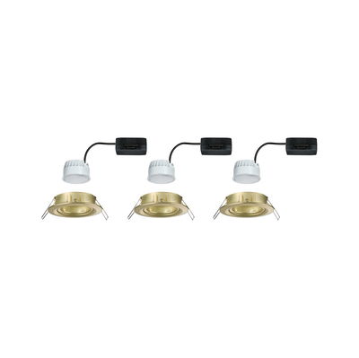 Drie gouden inbouwspots met witte LED-modules en zwarte aansluitkabels voor moderne verlichting
