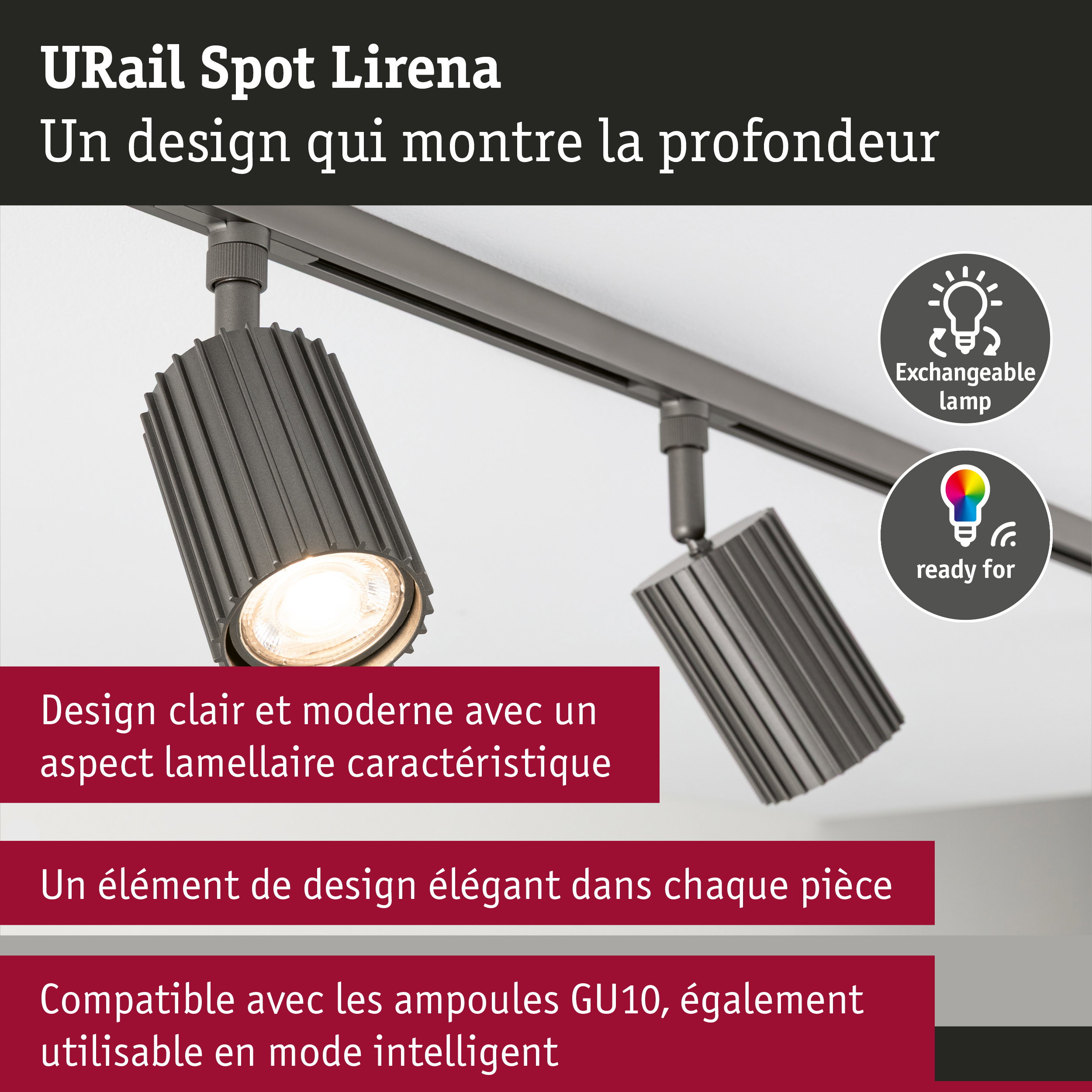 URail Spot sur rail Lirena GU10 max. 10W 230V Titanium