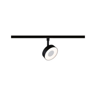 Zwarte LED-spot met ronde witte lichtkring aan railsysteem voor moderne binnenverlichting