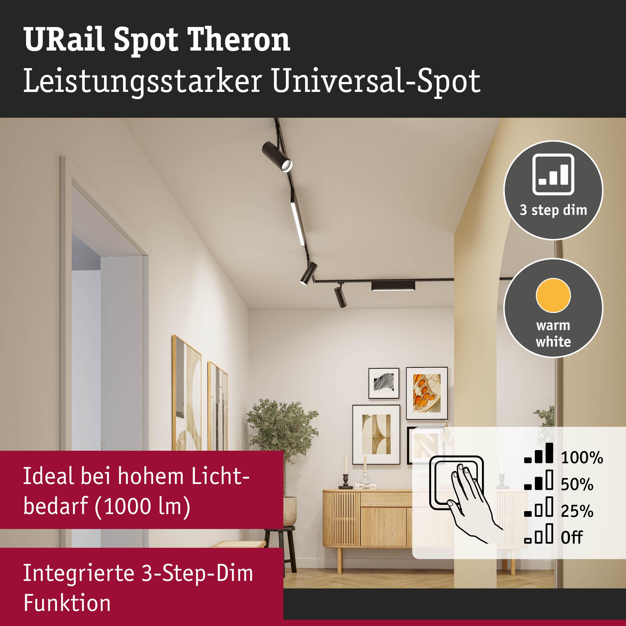 URail Spot Theron schwarzer Universal-Spot mit 3-Stufen-Dimmfunktion und warmweißem Licht