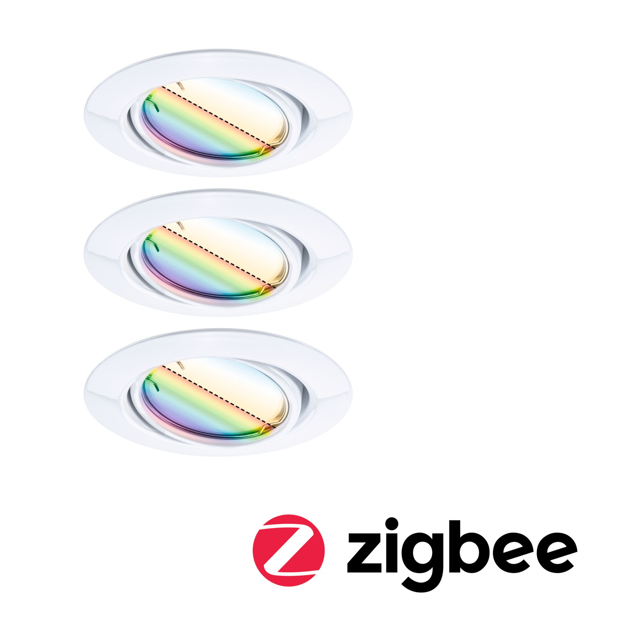 Three white recessed spotlights with adjustable rainbow-colored glass and Zigbee smart lighting feature.