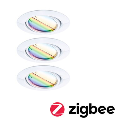 Three white recessed spotlights with adjustable rainbow-colored glass and Zigbee smart lighting feature.