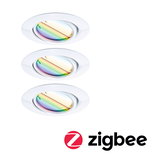 Three white recessed spotlights with adjustable rainbow-colored glass and Zigbee smart lighting feature.