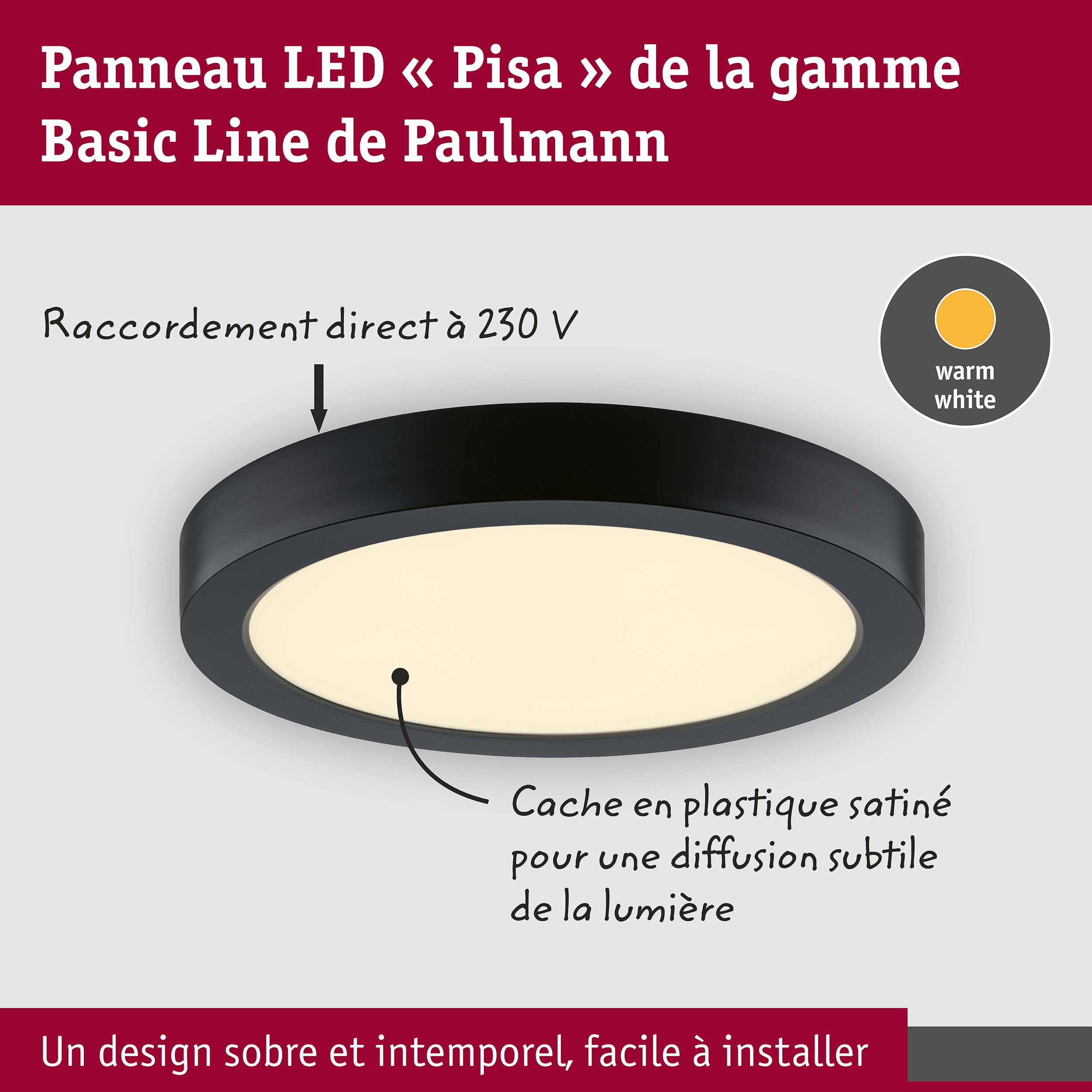 Panneau LED Pisa 3000K 290mm 1800lm 17,6W Noir mat