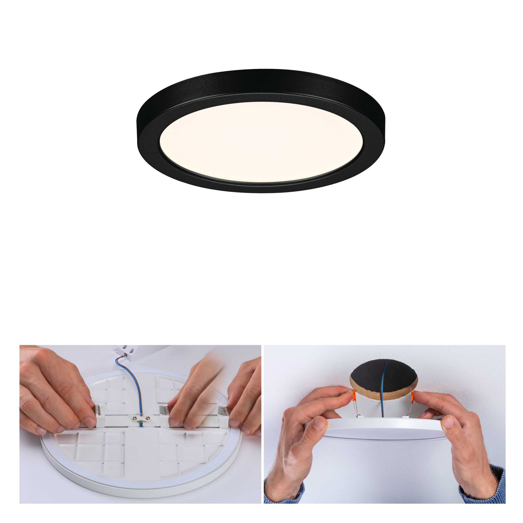 VariFit LED Einbaupanel Areo IP44 rund 118mm 6,5W 550lm 3000K Schwarz Rundes LED-Deckenpanel in Schwarz mit weißem Licht, Montageanleitung mit Federklammern und Kabelanschluss.