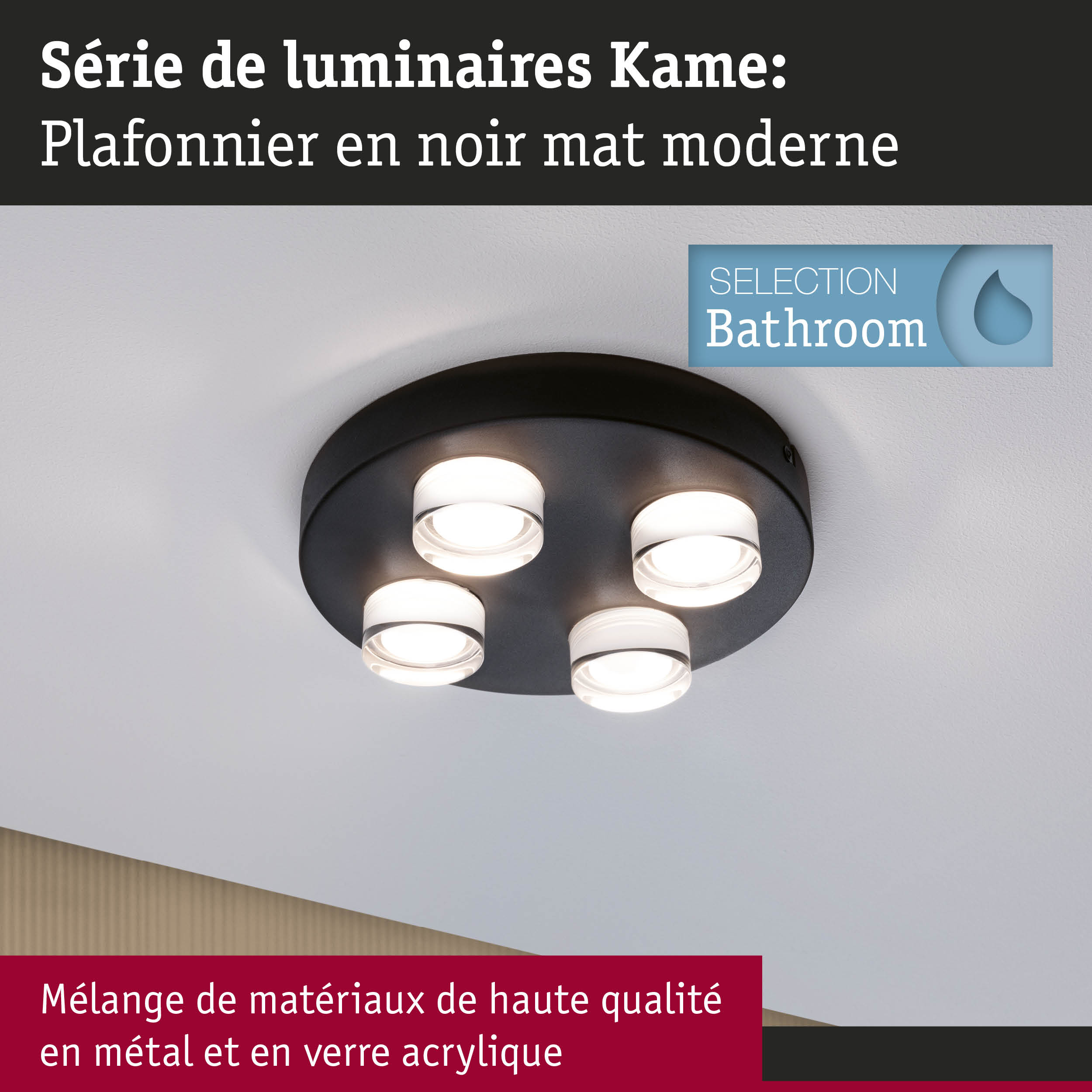 Plafonnier Kame noir mat moderne en métal et verre acrylique pour salle de bain