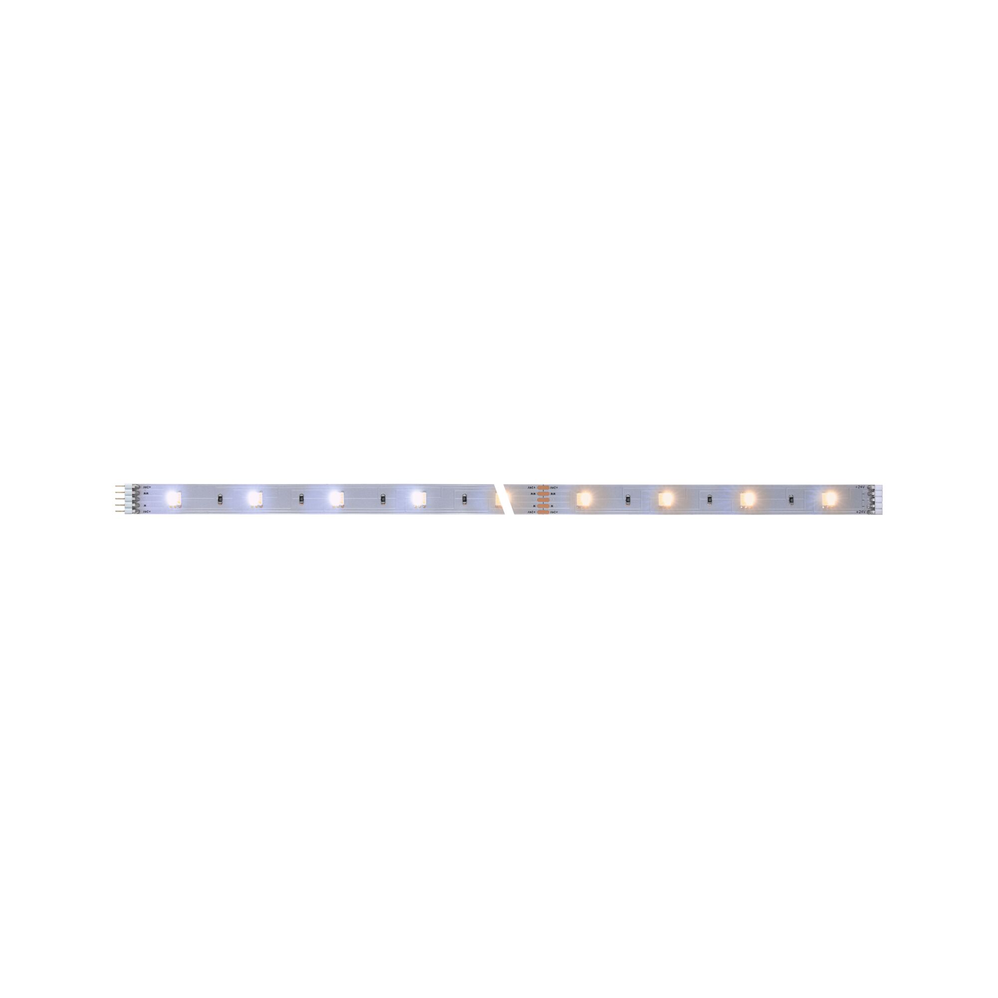 LED strip with warm white and cool white LEDs on white base for versatile lighting solutions