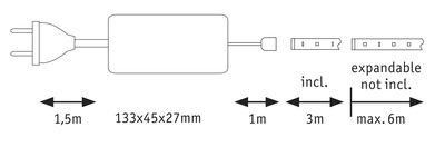 Technical drawing of plug with 1.5m cable and 133x45x27mm power supply, 3m LED strip included, expandable up to 6m.