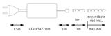 Technische Zeichnung eines Steckers mit 1,5m Kabel und 133x45x27mm Netzteil, 3m LED-Streifen inklusive.