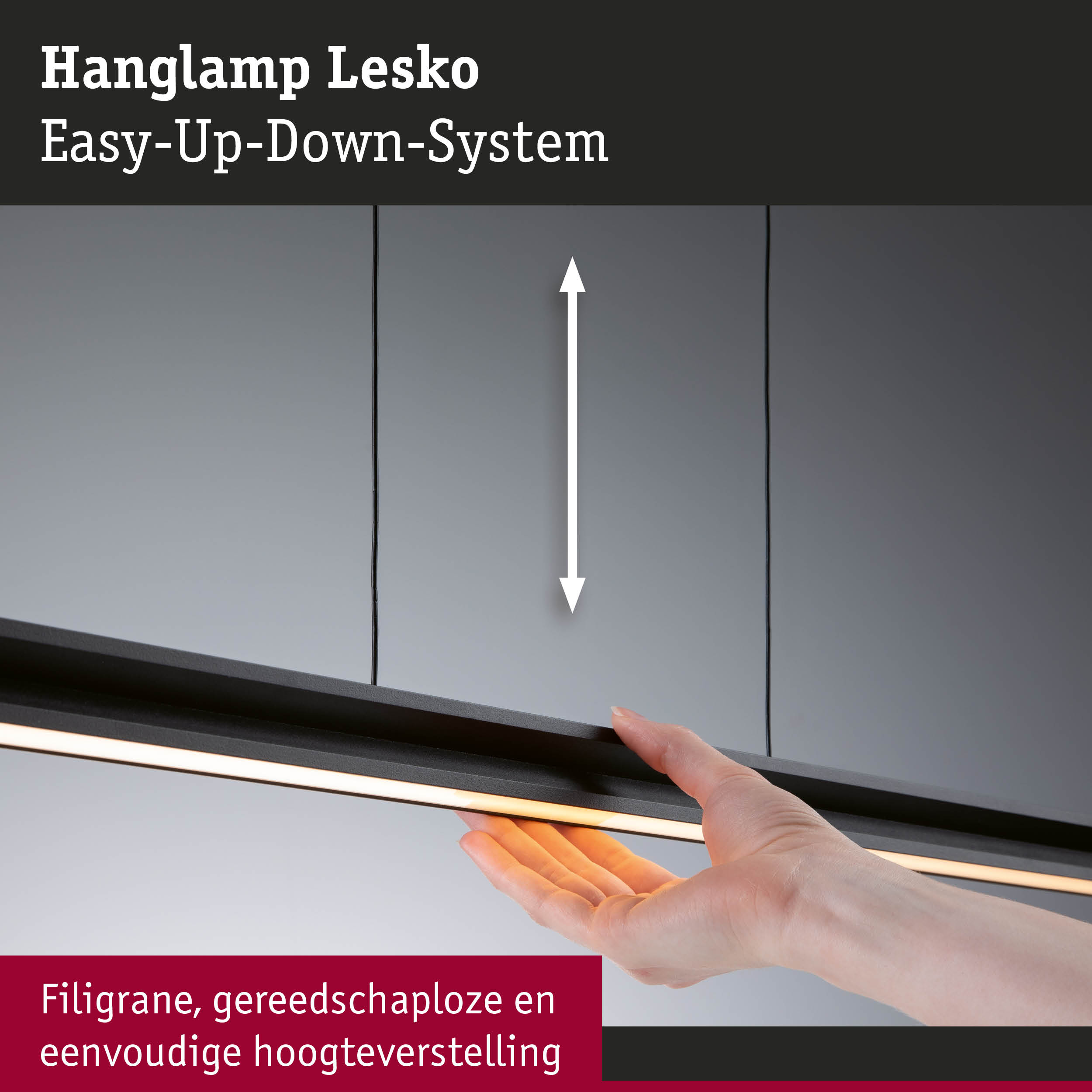 Zwarte LED-hanglamp Lesko met Easy-Up-Down-systeem en gereedschapsloze hoogteverstelling