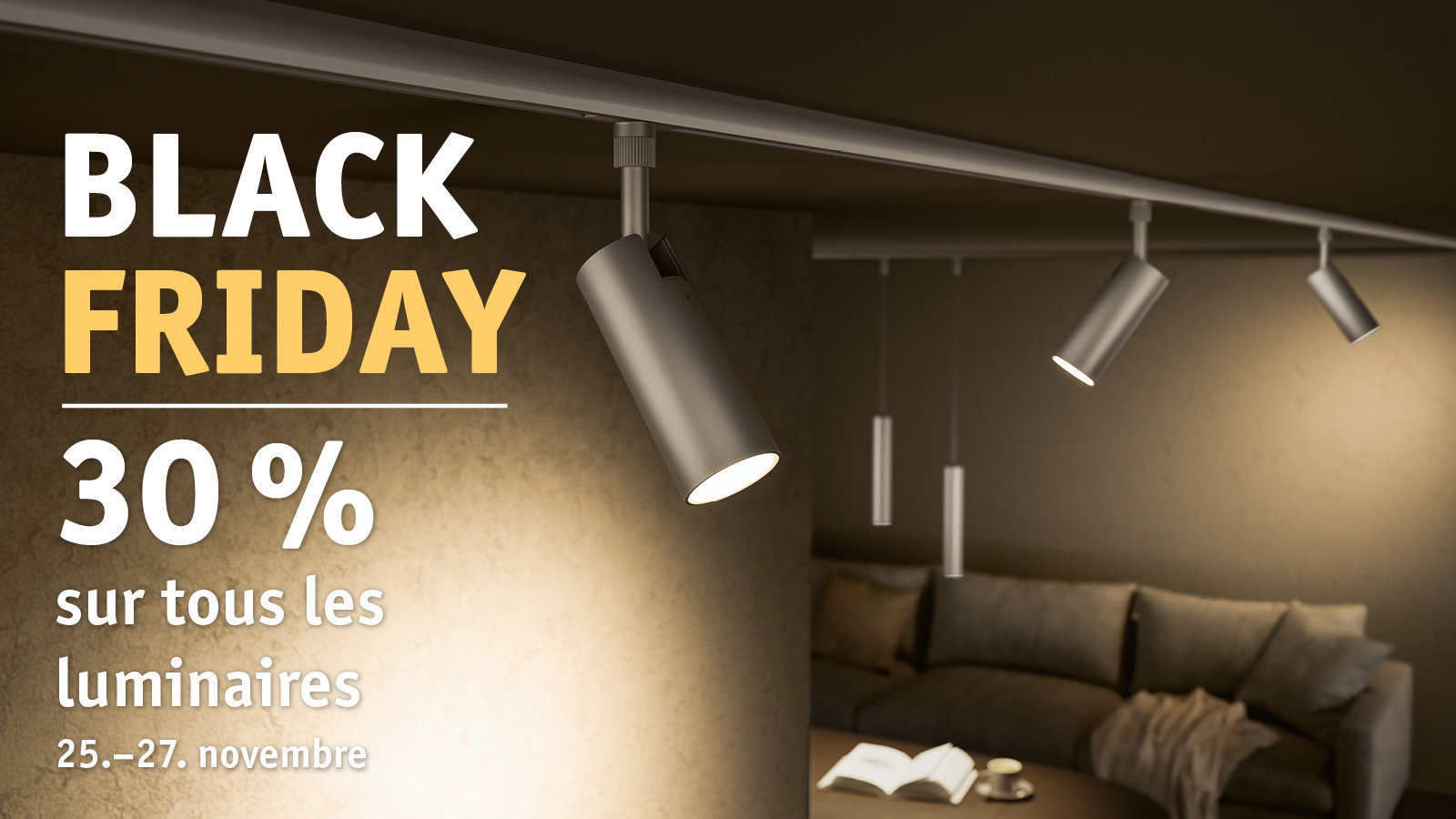 Spots LED argentés modernes au plafond dans un salon avec canapé et livre, éclairage et promotion Black Friday
