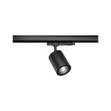Black metal LED spotlight on track system for flexible accent lighting in interiors