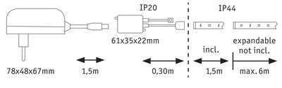 Technische Zeichnung eines Steckernetzteils mit Maßen 78x48x67mm und IP20 sowie IP44 Schutzart.